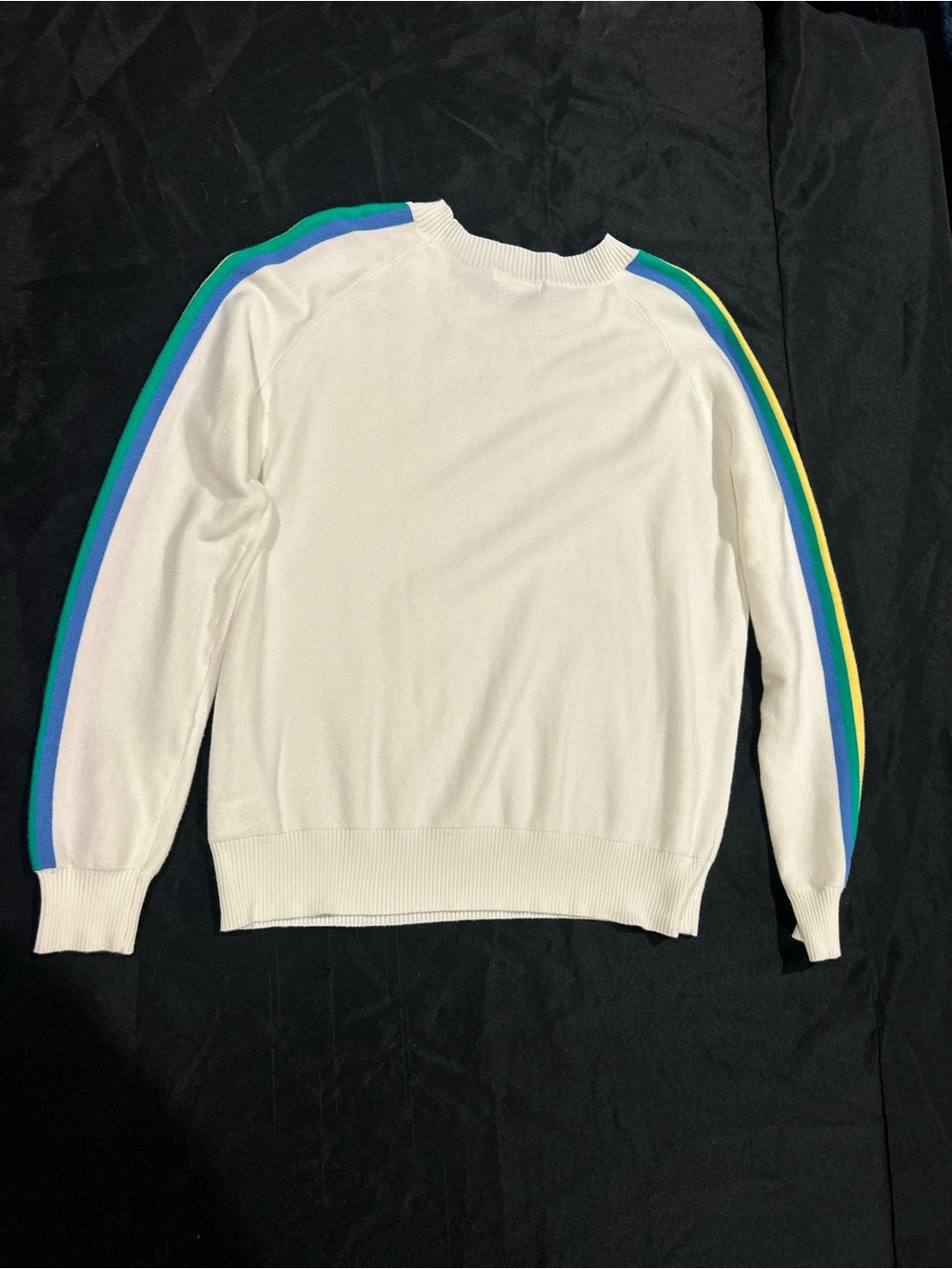 Avara White Crewneck Sweater with Rainbow  Stripes on sleeves. Medium. - Picture 5 of 5